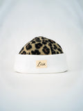 Bonnet blanc & léopard beige