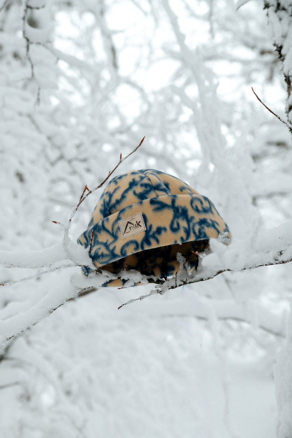 Bonnet beige à motifs bleus